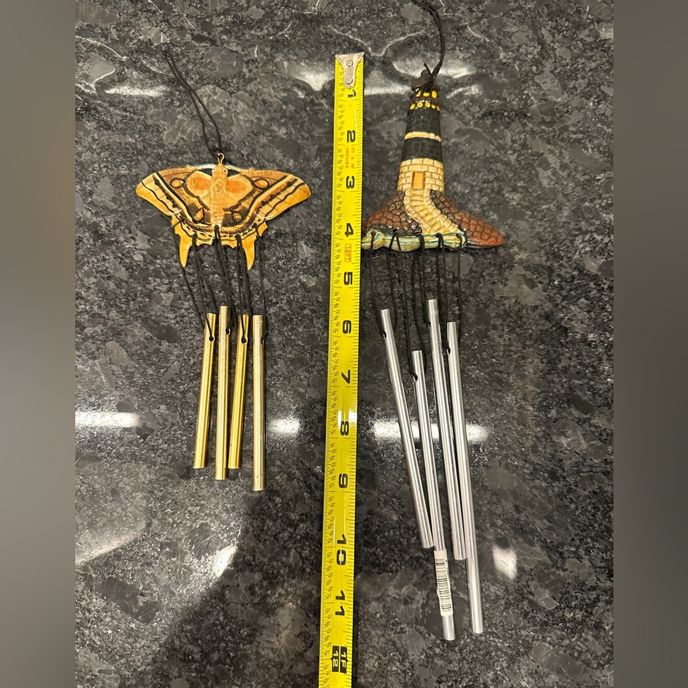 Vintage 2 handpainted wind chimes lighthouse and butterfly moth new